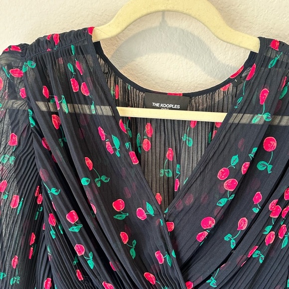 The Kooples Pleated Navy and Red Cherry Print Pleated Blouse- Size 1 (Small) - Picture 3 of 6